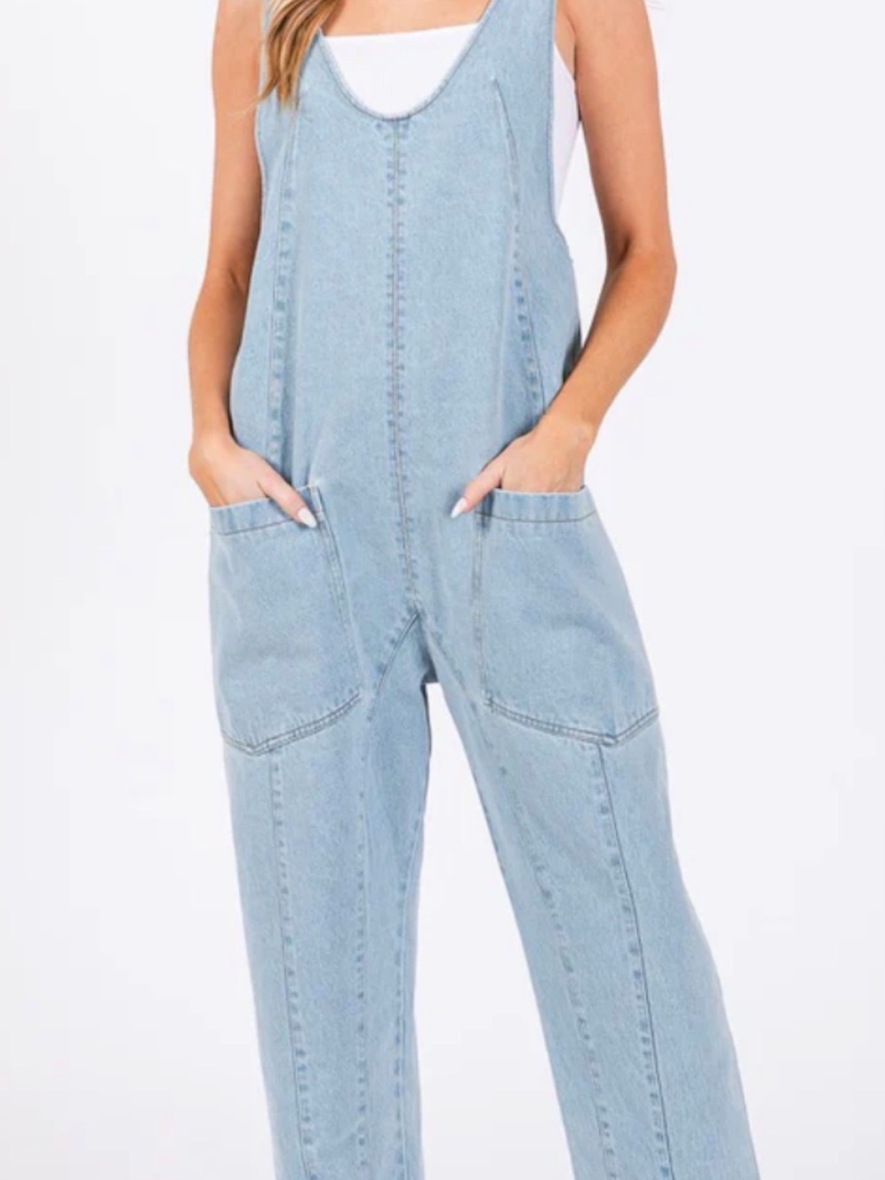 Bibi Light Wash Denim Overalls with Front Pockets & low back- size Medium NWT
